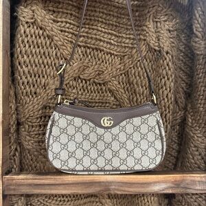 Gucci Beige GG Canvas Shoulder Bag with Brown Leather Trim